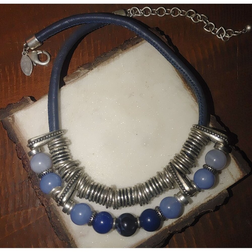 Chicos Silver & Blue Beaded Necklace With Adjustable Clasp